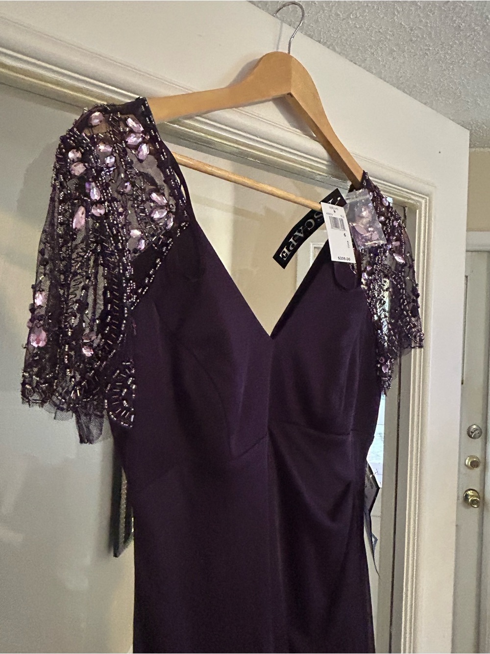 Xscape Purple Beaded Sleeve V-Neck Evening Gown
